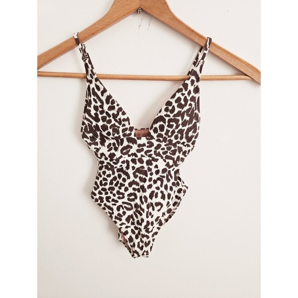 J. Crew Leopard Plunge V-neck One Piece Wireless Lined Brown Swimsuit Size 0 XS